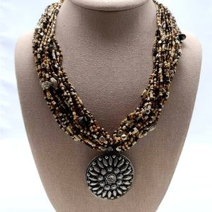 Vintage Southwestern Seed Bead Necklace with Detailed Silver Tone Medallion